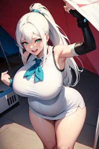 anime,pregnant,huge boobs,20s age,laughing face,white hair,ponytail hair style,light skin,cyberpunk,tent,front view,bending over,schoolgirl
