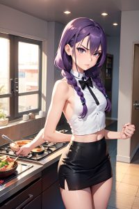 anime,skinny,small tits,40s age,angry face,purple hair,braided hair style,light skin,charcoal,casino,front view,cooking,mini skirt