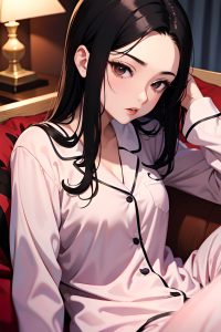 anime,busty,small tits,18 age,seductive face,black hair,slicked hair style,light skin,vintage,desert,close-up view,on back,pajamas