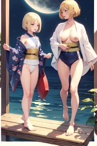 anime,muscular,small tits,40s age,angry face,blonde,bobcut hair style,light skin,watercolor,moon,side view,plank,kimono