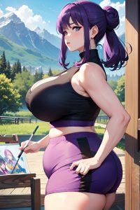 anime,chubby,huge boobs,60s age,serious face,purple hair,hair bun hair style,light skin,painting,mountains,side view,working out,goth
