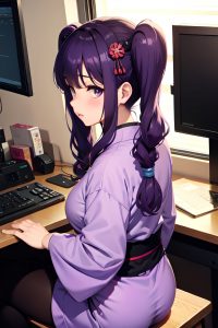 anime,chubby,small tits,60s age,sad face,purple hair,pigtails hair style,dark skin,warm anime,office,back view,gaming,geisha