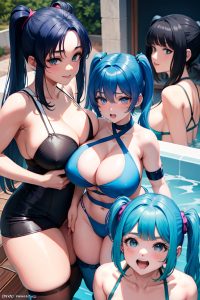 anime,chubby,huge boobs,80s age,laughing face,blue hair,pigtails hair style,dark skin,soft anime,hot tub,close-up view,bending over,stockings