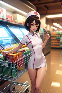 anime,skinny,small tits,20s age,seductive face,brunette,pixie hair style,light skin,3d,grocery,back view,on back,nurse