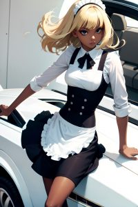 anime,skinny,small tits,60s age,serious face,blonde,bangs hair style,dark skin,black and white,car,close-up view,jumping,maid