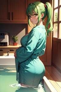 anime,pregnant,small tits,70s age,sad face,green hair,pigtails hair style,light skin,dark fantasy,office,back view,bathing,bathrobe