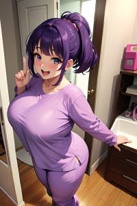 anime,chubby,huge boobs,80s age,laughing face,purple hair,bangs hair style,light skin,mirror selfie,stage,back view,t-pose,pajamas