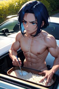 anime,muscular,small tits,30s age,serious face,blue hair,slicked hair style,dark skin,crisp anime,car,side view,cooking,nude