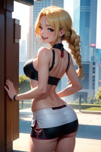 anime,busty,small tits,30s age,laughing face,blonde,braided hair style,light skin,cyberpunk,wedding,back view,yoga,mini skirt