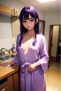 anime,skinny,small tits,80s age,serious face,purple hair,bangs hair style,light skin,crisp anime,kitchen,front view,bathing,bathrobe
