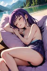 anime,skinny,small tits,80s age,sad face,purple hair,bangs hair style,light skin,soft + warm,lake,front view,sleeping,teacher