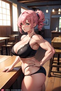 anime,muscular,huge boobs,18 age,seductive face,pink hair,pixie hair style,dark skin,charcoal,bar,back view,plank,lingerie