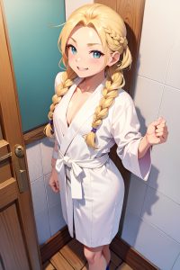 anime,muscular,small tits,20s age,happy face,blonde,braided hair style,light skin,soft anime,bathroom,front view,plank,bathrobe