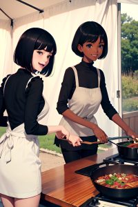 anime,skinny,small tits,60s age,laughing face,black hair,bobcut hair style,dark skin,soft anime,tent,back view,cooking,stockings
