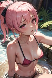 anime,busty,small tits,40s age,sad face,pink hair,ponytail hair style,dark skin,warm anime,jungle,close-up view,bathing,mini skirt