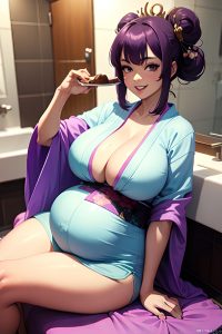 anime,pregnant,huge boobs,70s age,happy face,purple hair,pixie hair style,dark skin,film photo,bathroom,close-up view,eating,geisha