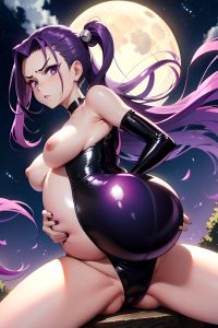 anime,pregnant,small tits,40s age,angry face,purple hair,slicked hair style,light skin,crisp anime,moon,front view,straddling,latex