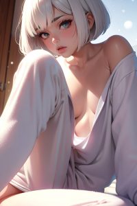 anime,muscular,small tits,60s age,pouting lips face,white hair,bobcut hair style,light skin,illustration,snow,close-up view,spreading legs,pajamas