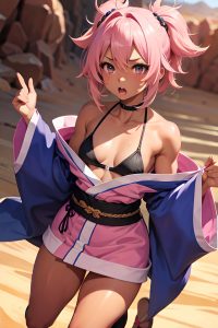 anime,muscular,small tits,18 age,shocked face,pink hair,messy hair style,dark skin,soft anime,desert,front view,jumping,kimono