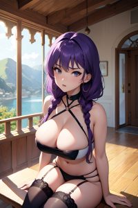 anime,busty,huge boobs,80s age,serious face,purple hair,braided hair style,light skin,painting,church,front view,t-pose,stockings