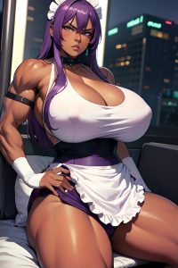 anime,muscular,huge boobs,50s age,angry face,purple hair,straight hair style,dark skin,cyberpunk,bus,front view,spreading legs,maid