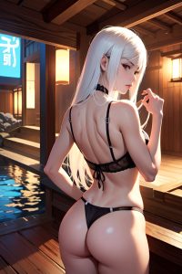 anime,skinny,small tits,70s age,serious face,white hair,straight hair style,light skin,cyberpunk,onsen,back view,cooking,lingerie