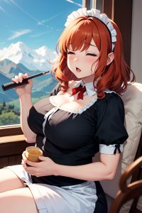 anime,chubby,small tits,70s age,shocked face,ginger,pixie hair style,light skin,dark fantasy,mountains,close-up view,sleeping,maid