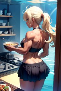 anime,muscular,small tits,40s age,sad face,blonde,messy hair style,dark skin,film photo,underwater,back view,cooking,mini skirt