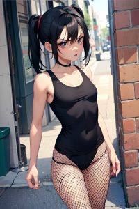 anime,skinny,small tits,30s age,angry face,black hair,pigtails hair style,dark skin,painting,street,side view,working out,fishnet