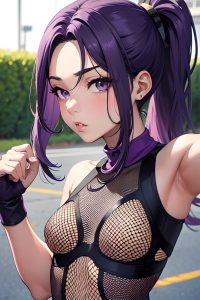 anime,skinny,small tits,40s age,pouting lips face,purple hair,ponytail hair style,dark skin,comic,gym,close-up view,jumping,fishnet