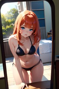anime,busty,small tits,18 age,pouting lips face,ginger,bangs hair style,dark skin,mirror selfie,car,close-up view,bending over,bikini