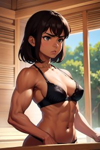 anime,muscular,small tits,80s age,serious face,brunette,pixie hair style,dark skin,soft anime,sauna,front view,massage,bra