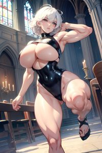anime,muscular,huge boobs,30s age,serious face,white hair,messy hair style,light skin,watercolor,church,front view,jumping,latex