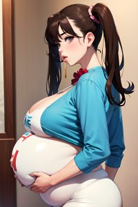 anime,pregnant,huge boobs,70s age,pouting lips face,brunette,pigtails hair style,light skin,watercolor,party,back view,eating,fishnet