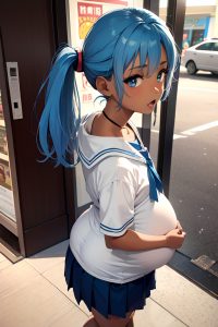 anime,pregnant,small tits,50s age,shocked face,blue hair,pixie hair style,dark skin,soft + warm,mall,back view,plank,schoolgirl