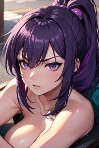 anime,skinny,huge boobs,80s age,angry face,purple hair,ponytail hair style,dark skin,dark fantasy,street,close-up view,sleeping,nude