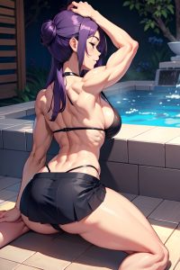 anime,muscular,small tits,40s age,happy face,purple hair,straight hair style,light skin,charcoal,hot tub,back view,sleeping,mini skirt
