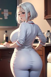 anime,chubby,huge boobs,60s age,shocked face,white hair,slicked hair style,light skin,soft + warm,club,back view,t-pose,pajamas
