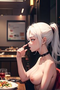 anime,busty,small tits,18 age,shocked face,white hair,slicked hair style,dark skin,cyberpunk,restaurant,side view,sleeping,partially nude