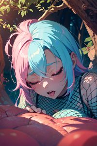 anime,muscular,small tits,30s age,ahegao face,pink hair,messy hair style,dark skin,illustration,forest,close-up view,sleeping,fishnet