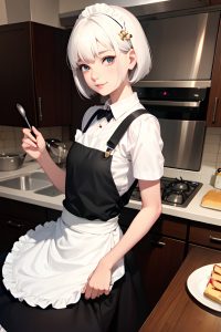 anime,skinny,small tits,40s age,happy face,white hair,bobcut hair style,light skin,charcoal,kitchen,close-up view,jumping,maid