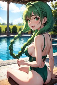 anime,busty,small tits,50s age,laughing face,green hair,braided hair style,light skin,vintage,pool,back view,straddling,fishnet