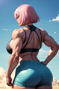 anime,muscular,huge boobs,70s age,sad face,pink hair,bobcut hair style,dark skin,illustration,party,back view,cooking,goth