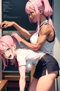anime,muscular,small tits,60s age,laughing face,pink hair,pigtails hair style,dark skin,watercolor,restaurant,side view,bending over,schoolgirl