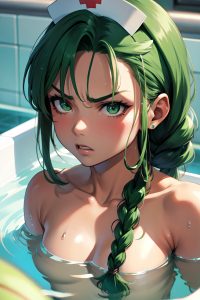 anime,muscular,small tits,80s age,angry face,green hair,braided hair style,dark skin,film photo,shower,close-up view,bathing,nurse
