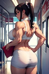 anime,muscular,huge boobs,20s age,happy face,black hair,ponytail hair style,light skin,illustration,bus,back view,gaming,nurse
