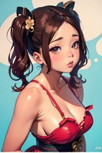 anime,chubby,small tits,80s age,pouting lips face,ginger,pigtails hair style,dark skin,watercolor,strip club,front view,on back,geisha