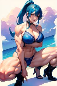 anime,muscular,huge boobs,20s age,happy face,blue hair,ponytail hair style,light skin,watercolor,casino,front view,squatting,lingerie