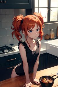 anime,busty,small tits,80s age,angry face,ginger,pixie hair style,dark skin,charcoal,kitchen,front view,plank,goth