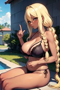 anime,skinny,huge boobs,60s age,sad face,blonde,braided hair style,dark skin,soft anime,party,side view,massage,lingerie